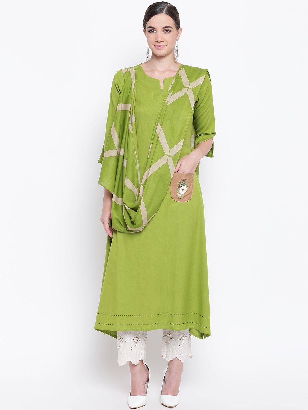 be indi women green & beige solid a-line kurta with dupatta