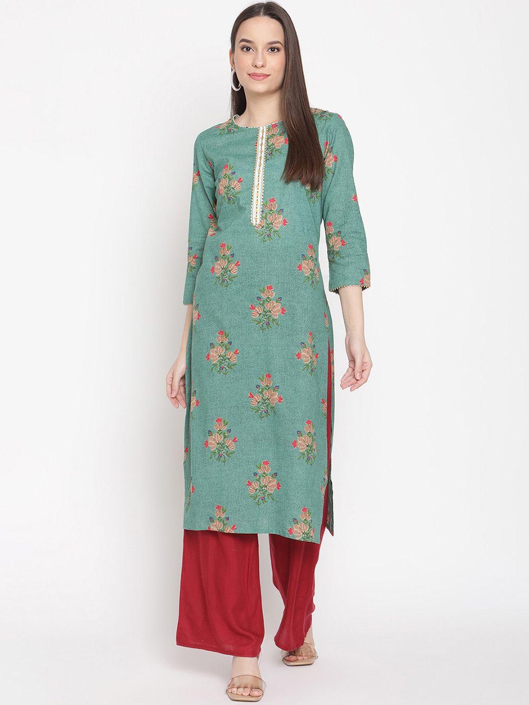 be indi women green floral printed cotton kurta