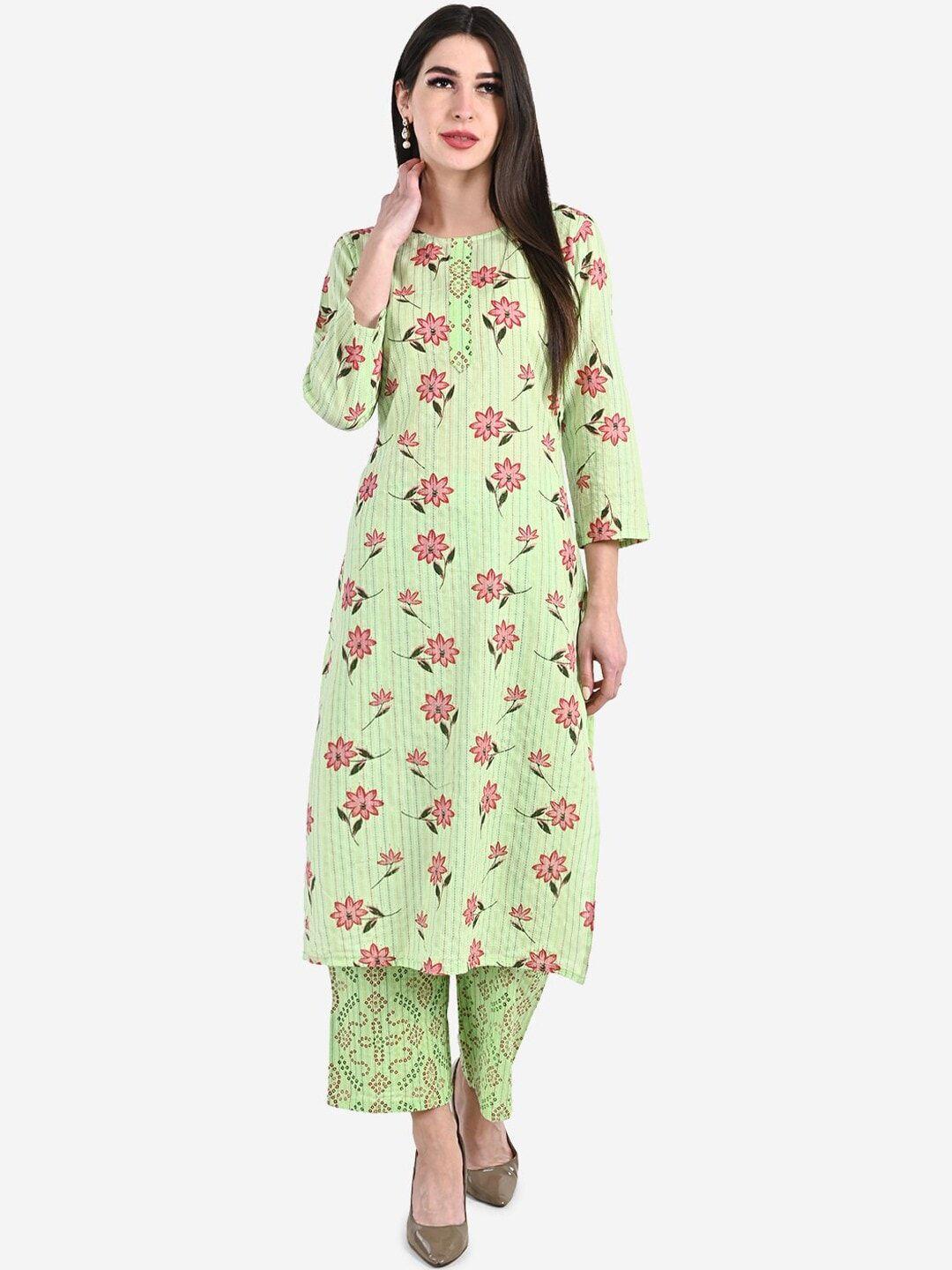 be indi women green floral printed pure cotton kurta with palazzos
