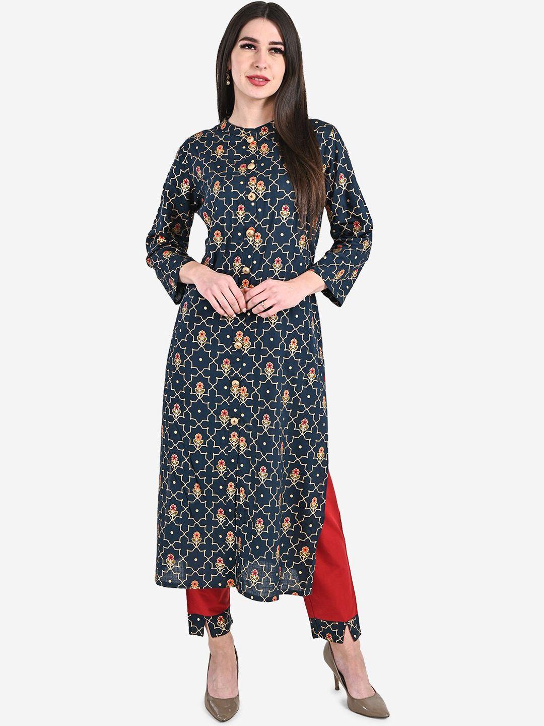 be indi women green printed regular pure cotton kurta with trousers