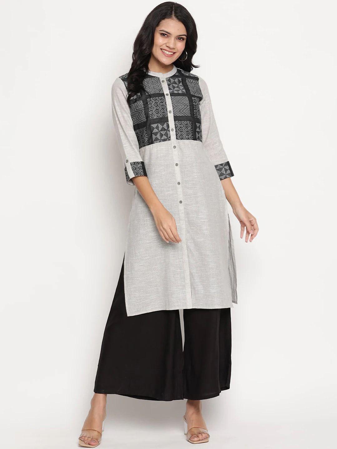 be indi women grey & black geometric yoke design kurta