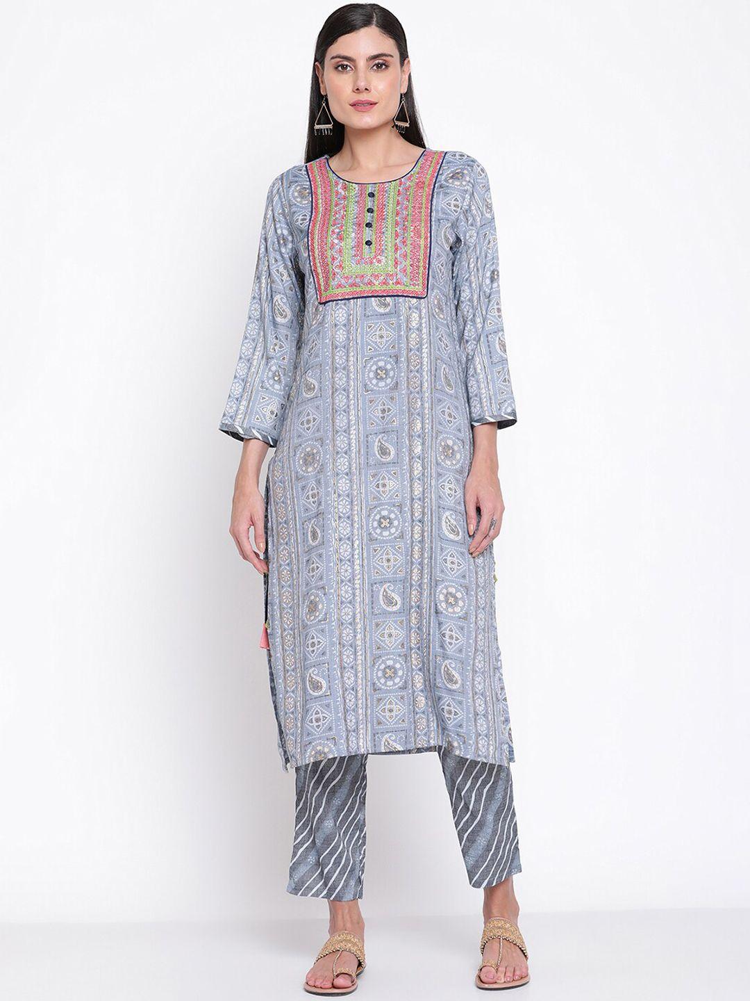 be indi women grey ethnic motifs printed kurta with trousers