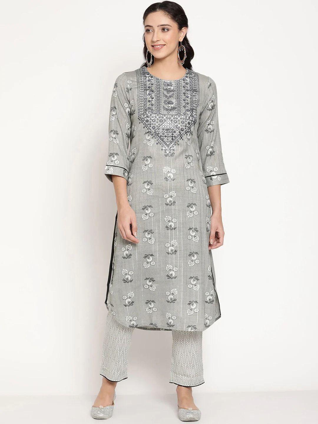 be indi women grey floral embroidered mirror work kurti with trousers