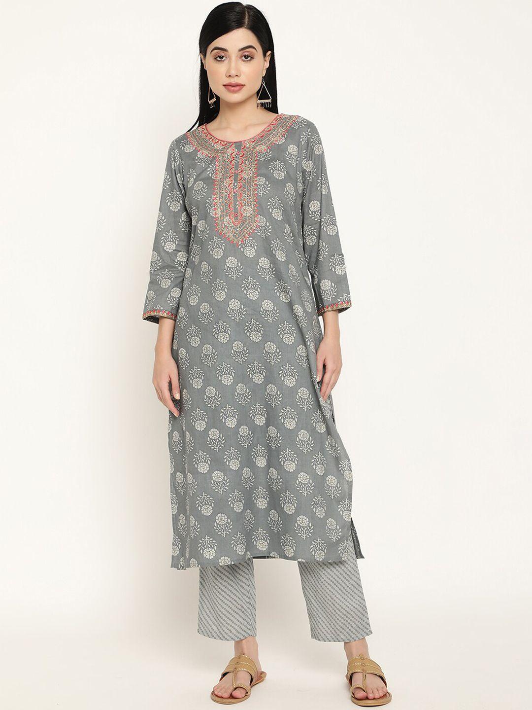be indi women grey printed pure cotton kurta with trousers