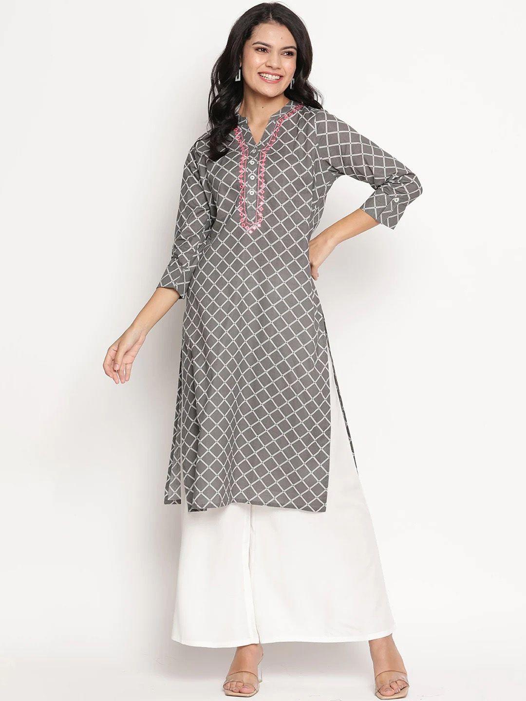 be indi women grey printed thread work straight kurta