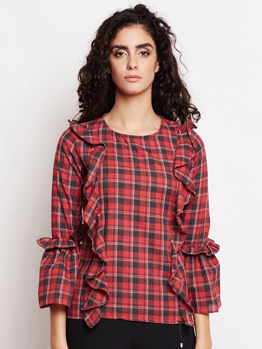 be indi women maroon & black checked ruffles top