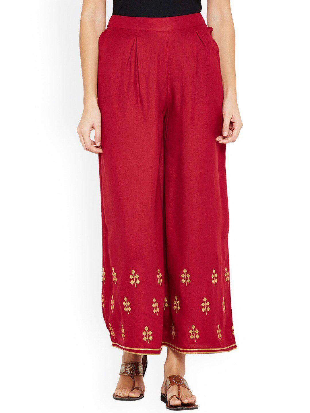 be indi women maroon & gold-toned embroidered flared ethnic palazzos
