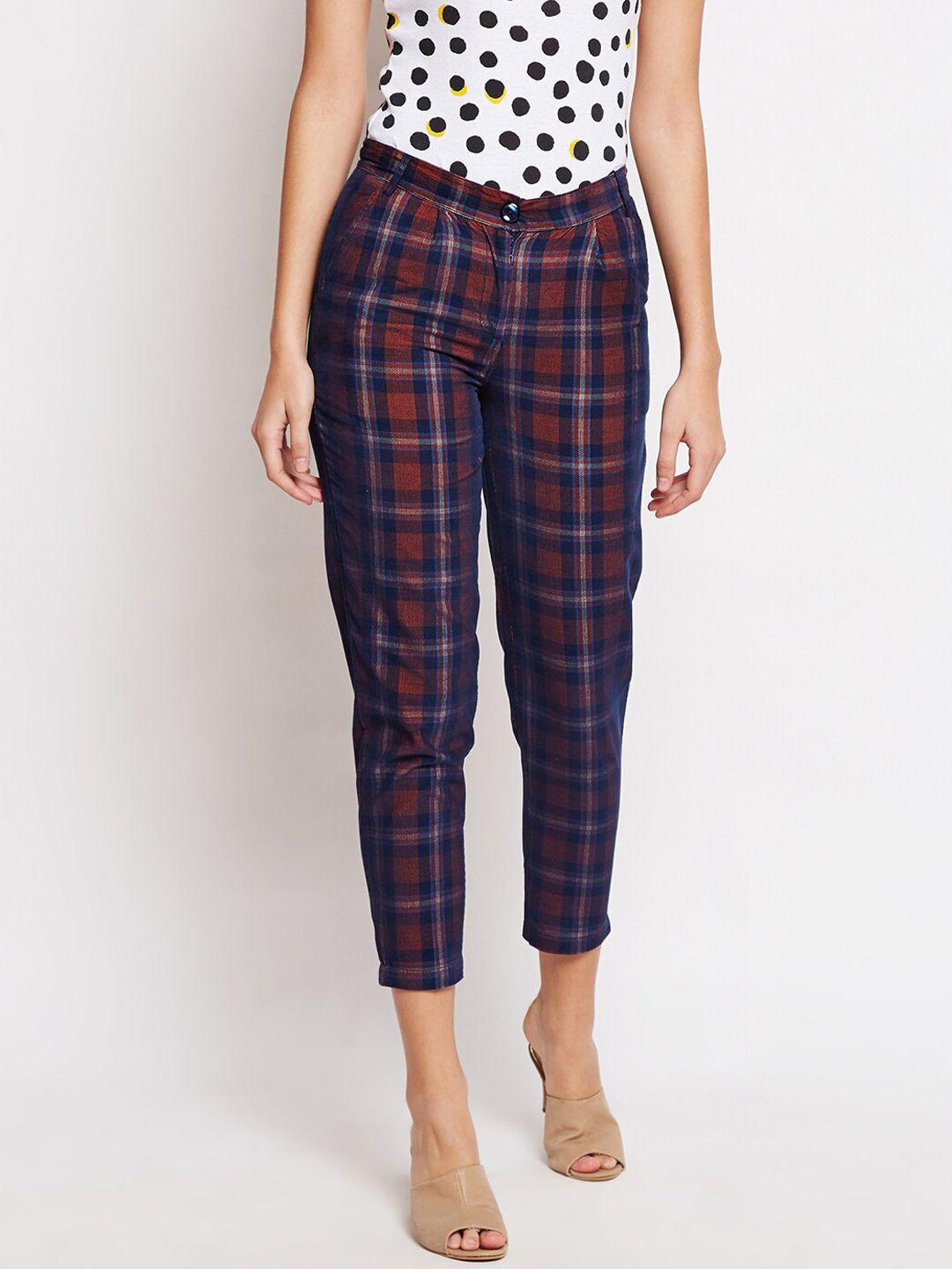 be indi women maroon checked smart straight fit trousers