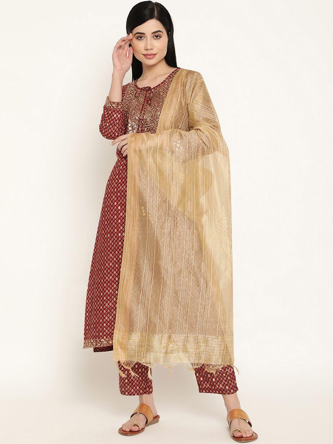 be indi women maroon embroidered sequinned kurta with trousers & with dupatta
