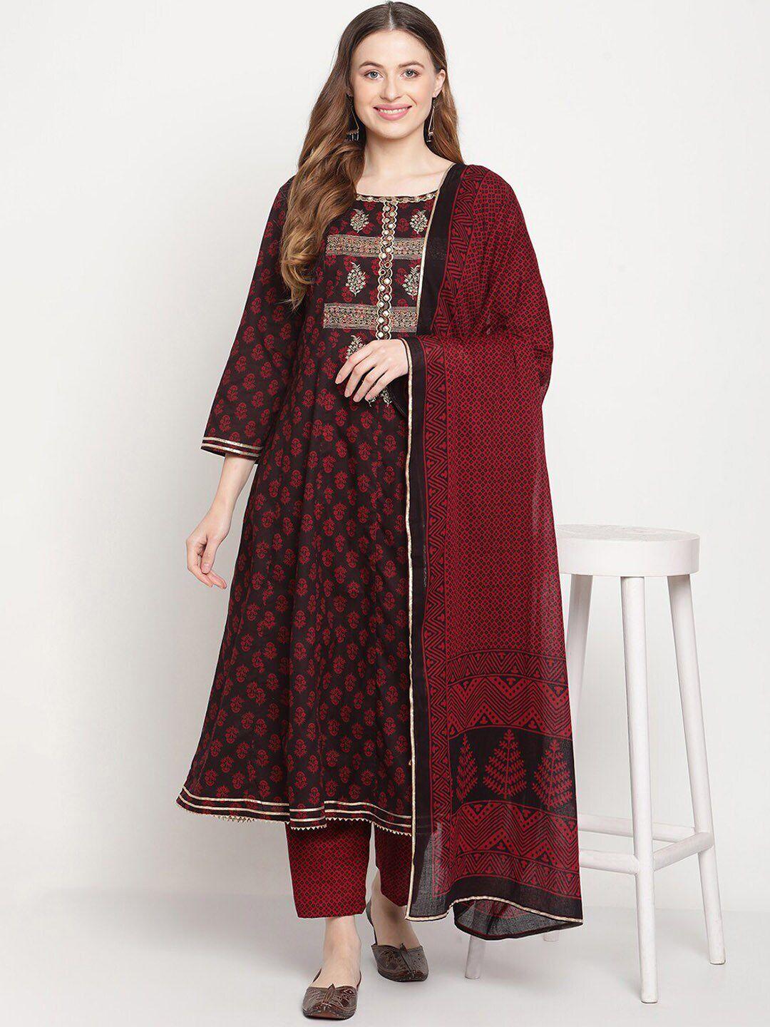 be indi women maroon floral printed mirror work pure cotton kurta with trousers & with dupatta