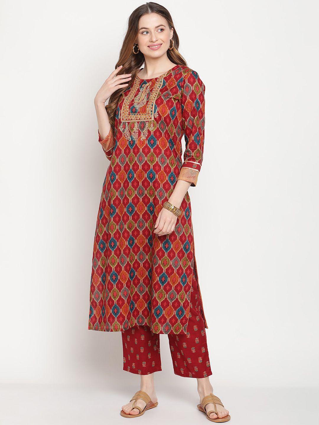 be indi women maroon printed panelled gotta patti pure cotton kurta with trousers