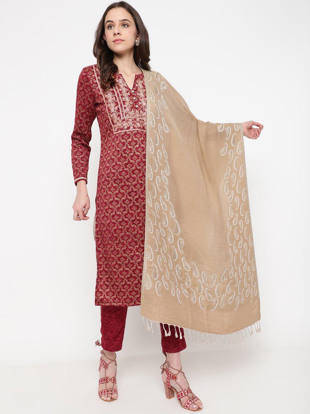 be indi women maroon printed regular thread work kurta with trousers & with dupatta