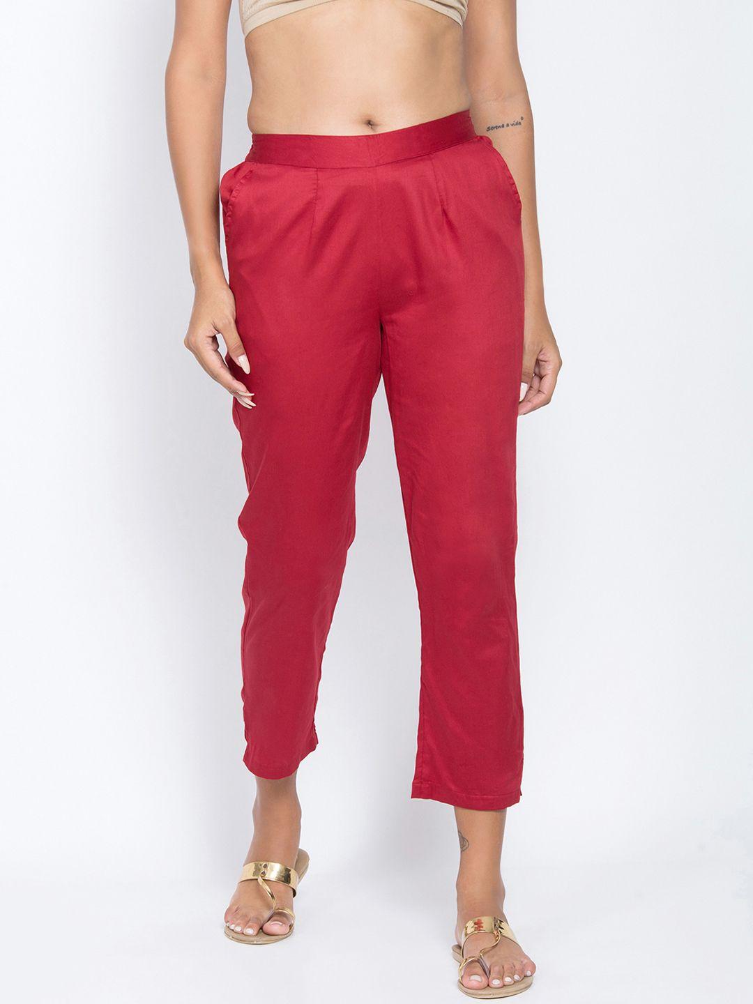 be indi women maroon straight fit solid cigarette trousers