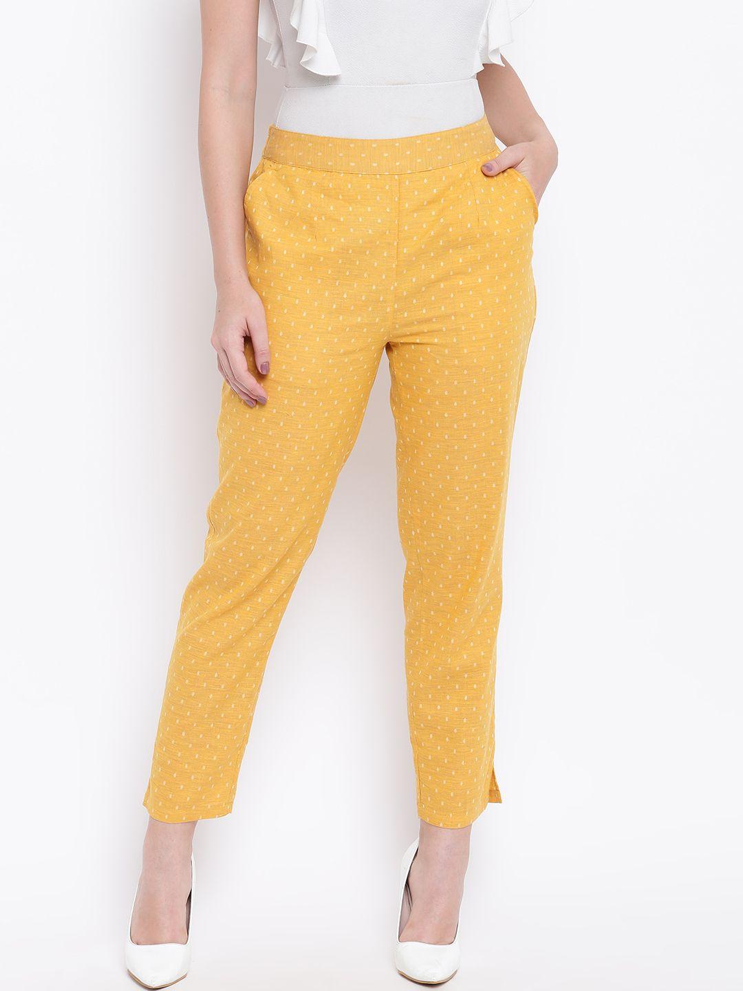 be indi women mustard yellow & beige regular fit self design trousers