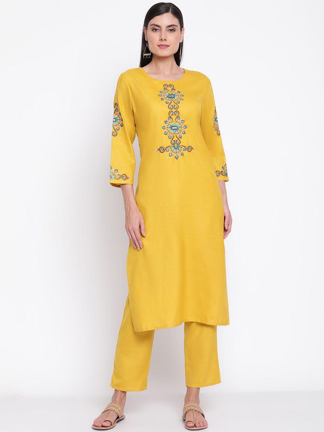 be indi women mustard yellow embroidered thread work kurta with trousers