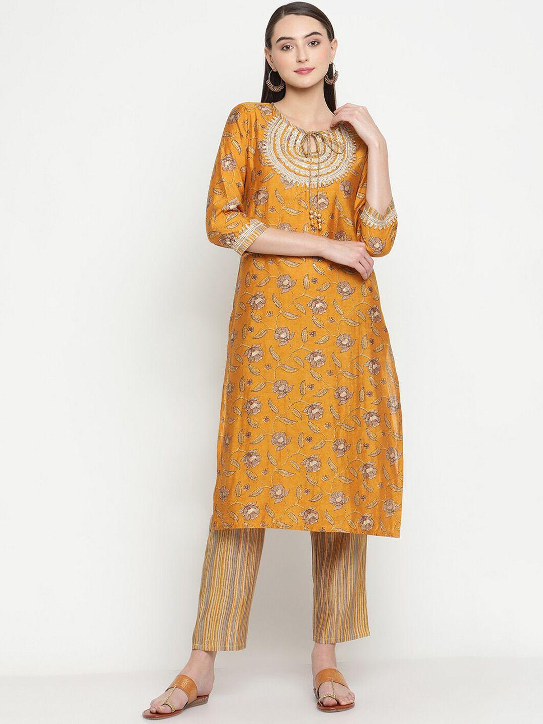be indi women mustard yellow floral printed kurta with trousers