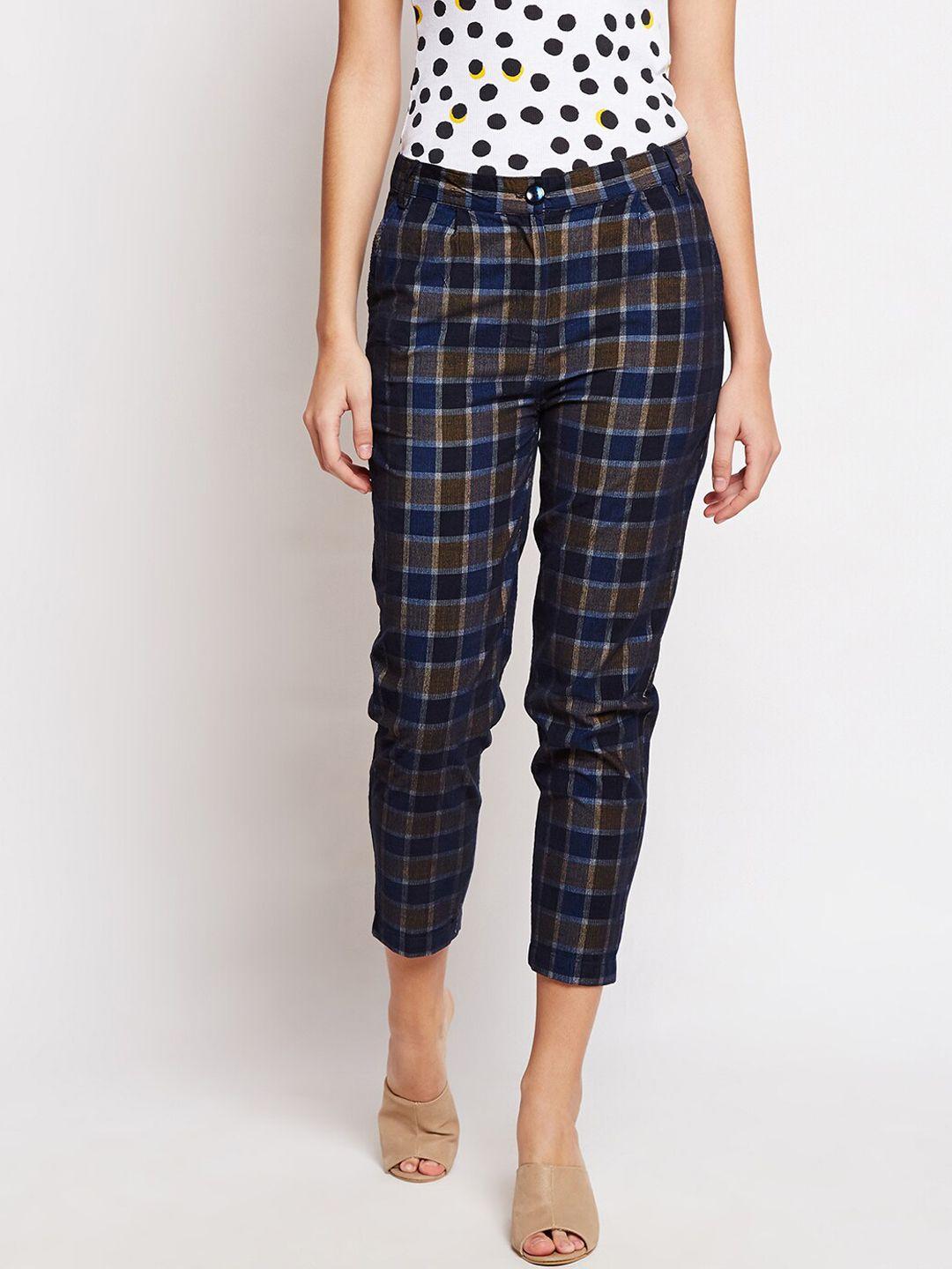 be indi women navy blue checked smart straight fit trousers