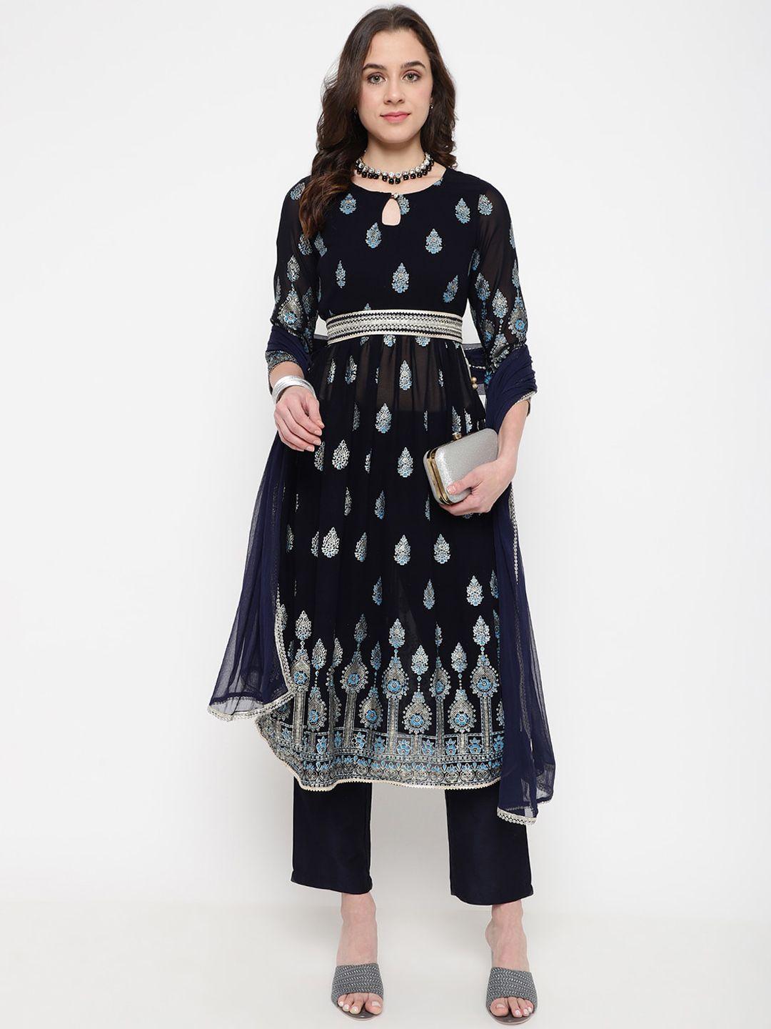 be indi women navy blue printed regular kurta with trousers & with dupatta