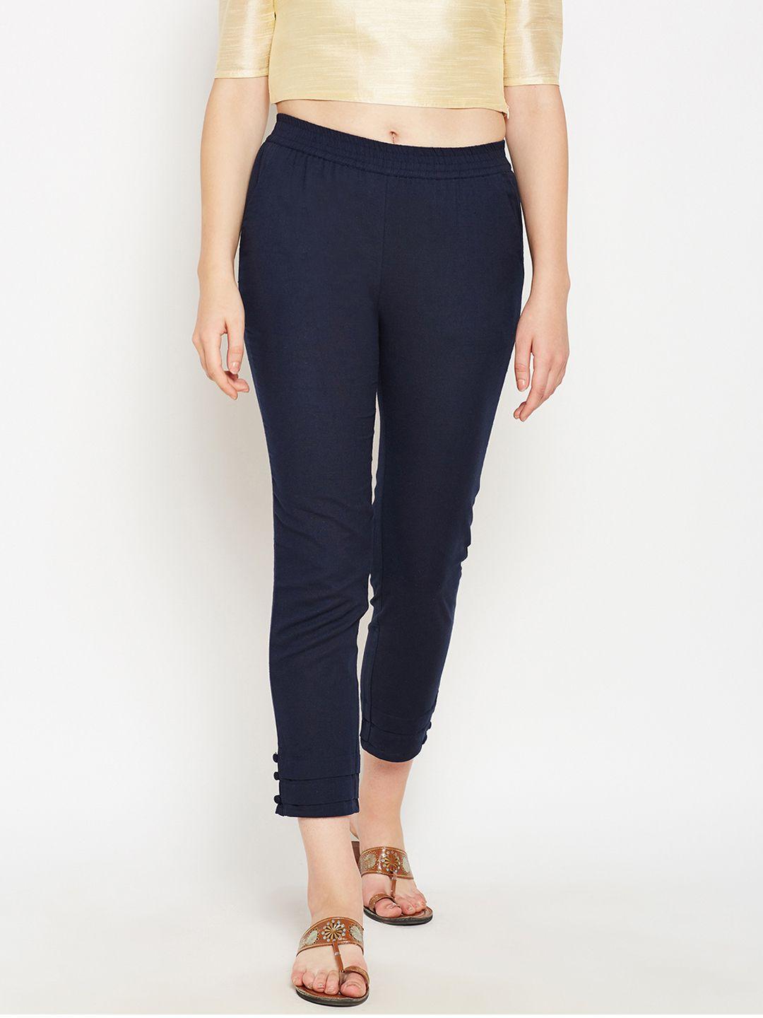 be indi women navy blue regular fit solid cigarette trousers