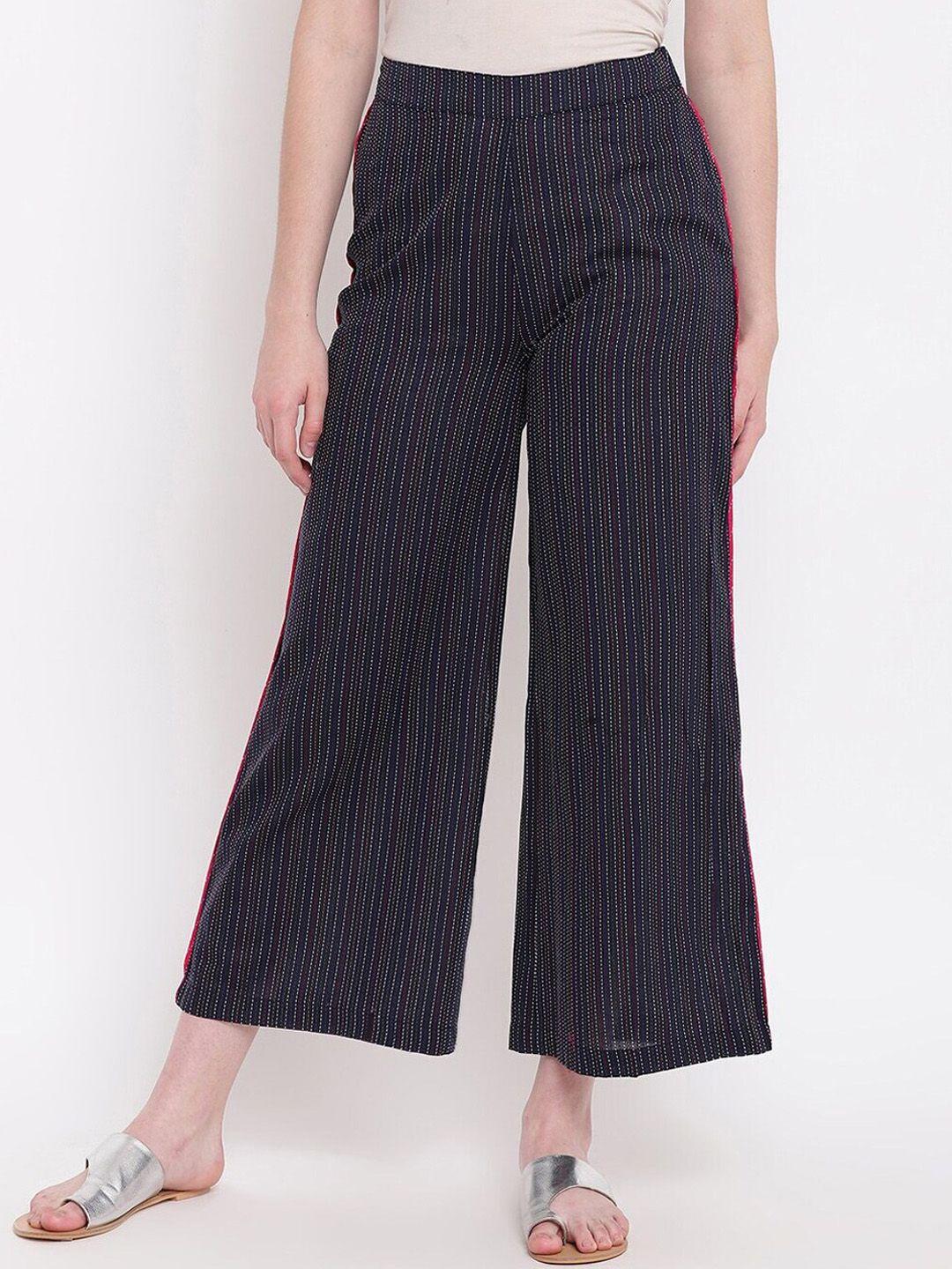 be indi women navy blue striped flared trousers