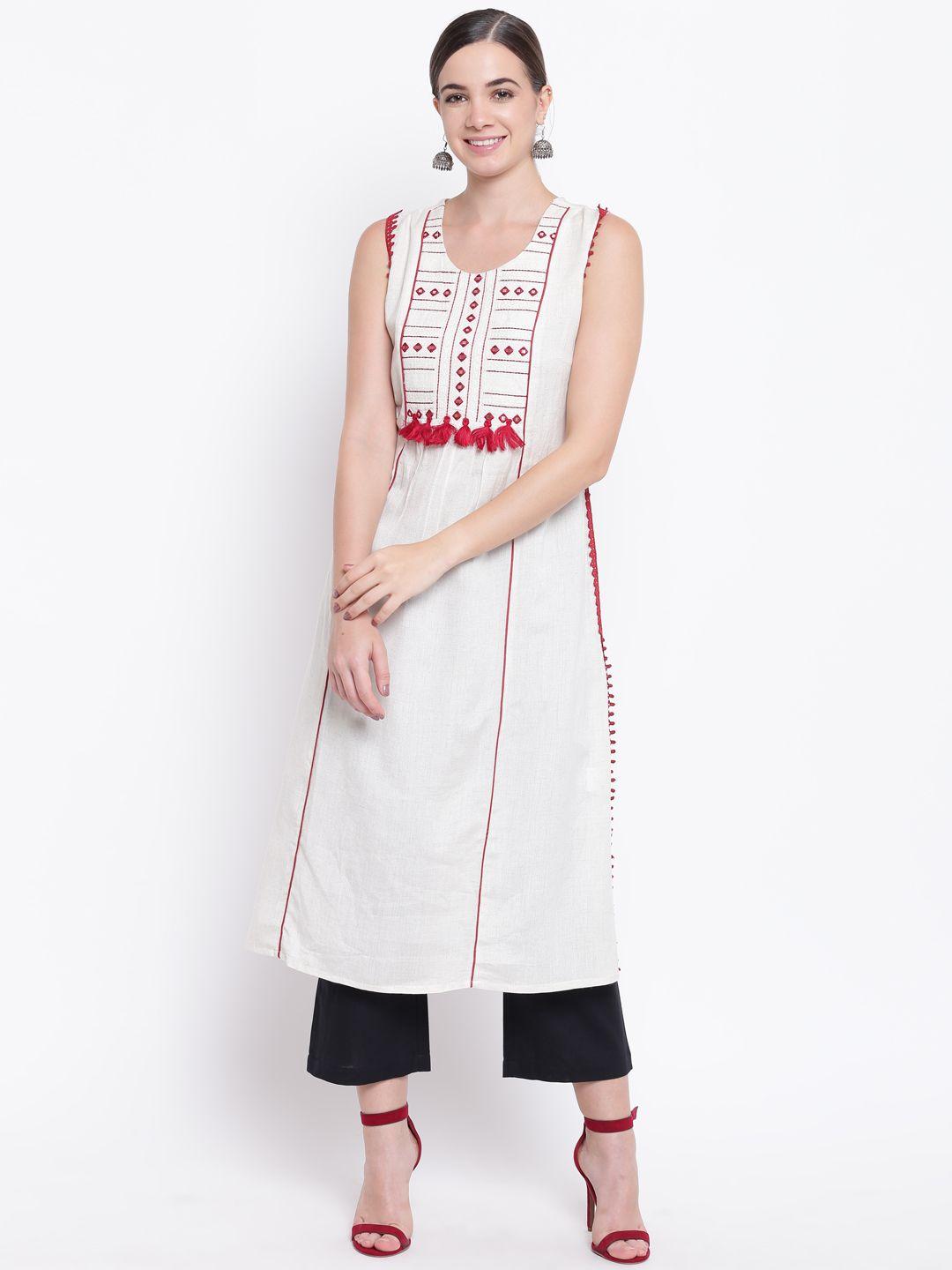 be indi women off-white & maroon yoke design a-line kurta