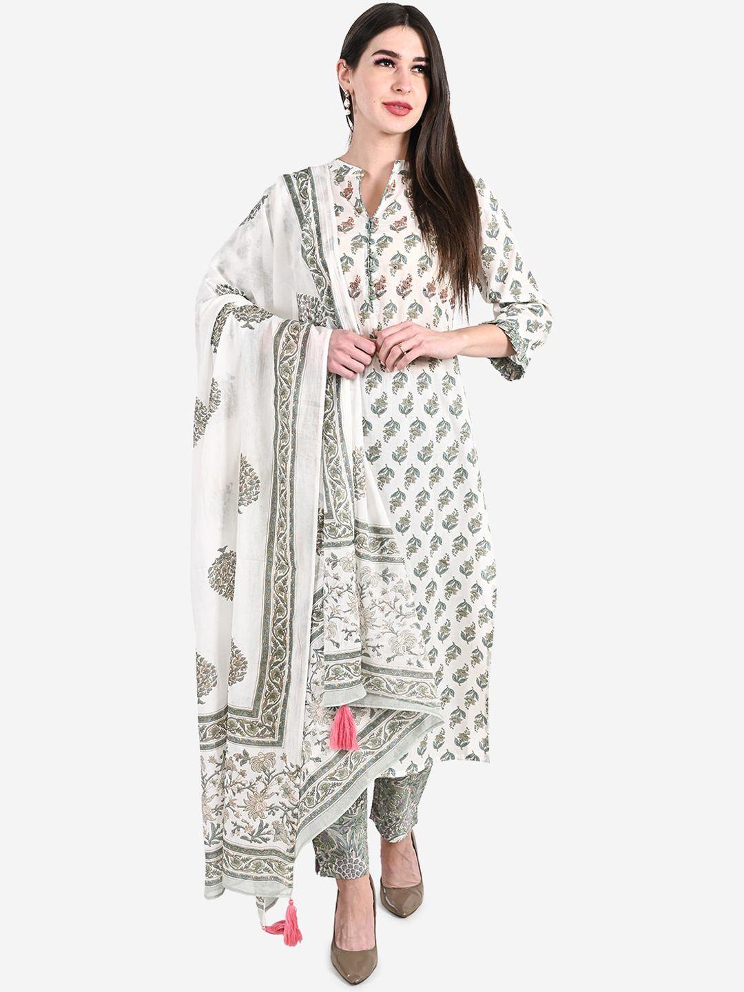 be indi women off-white printed kurta with trousers & dupatta