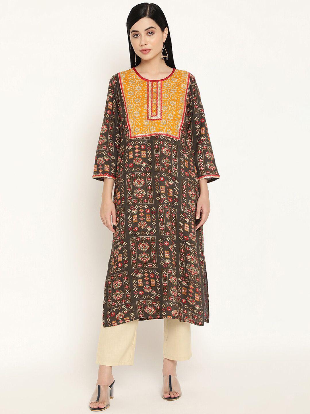 be indi women olive green ethnic motifs printed gotta patti straight fit kurta