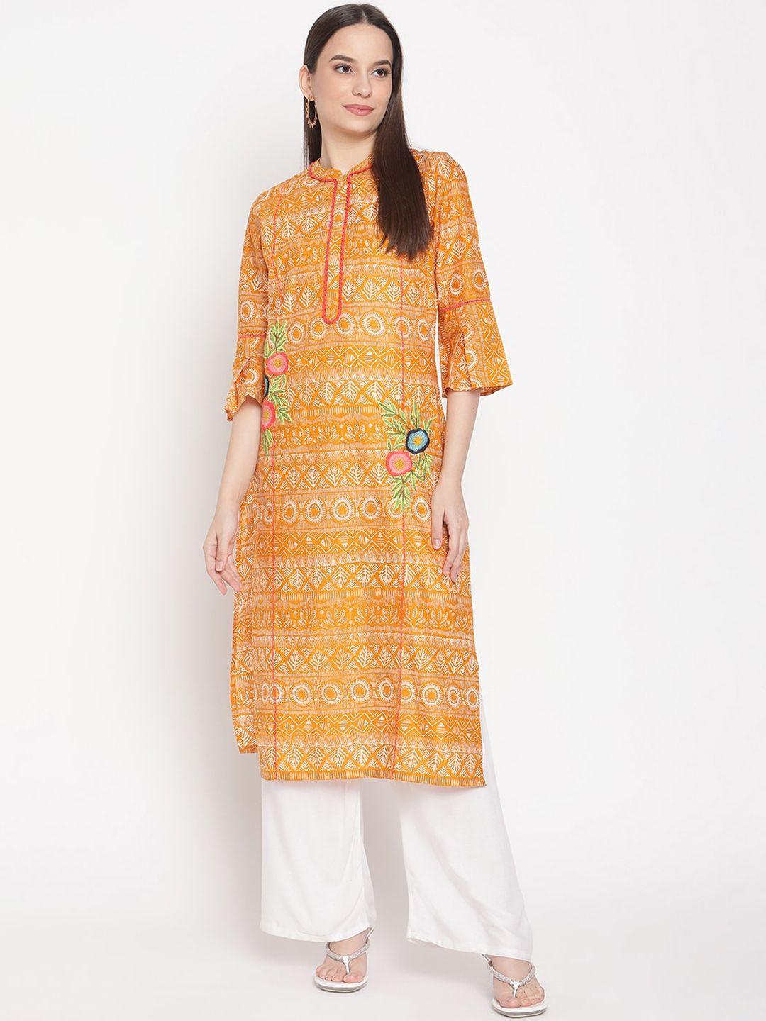 be indi women orange & white geometric printed flared sleeves thread work kurta