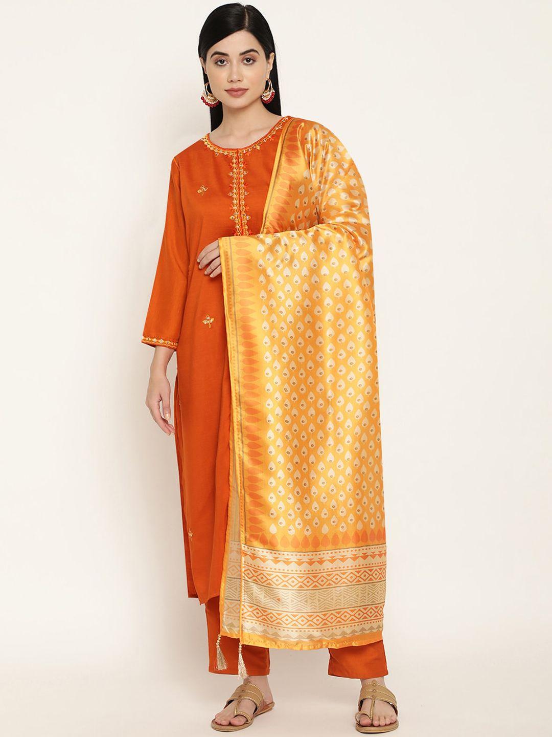 be indi women orange embroidered kurta with trousers & with dupatta
