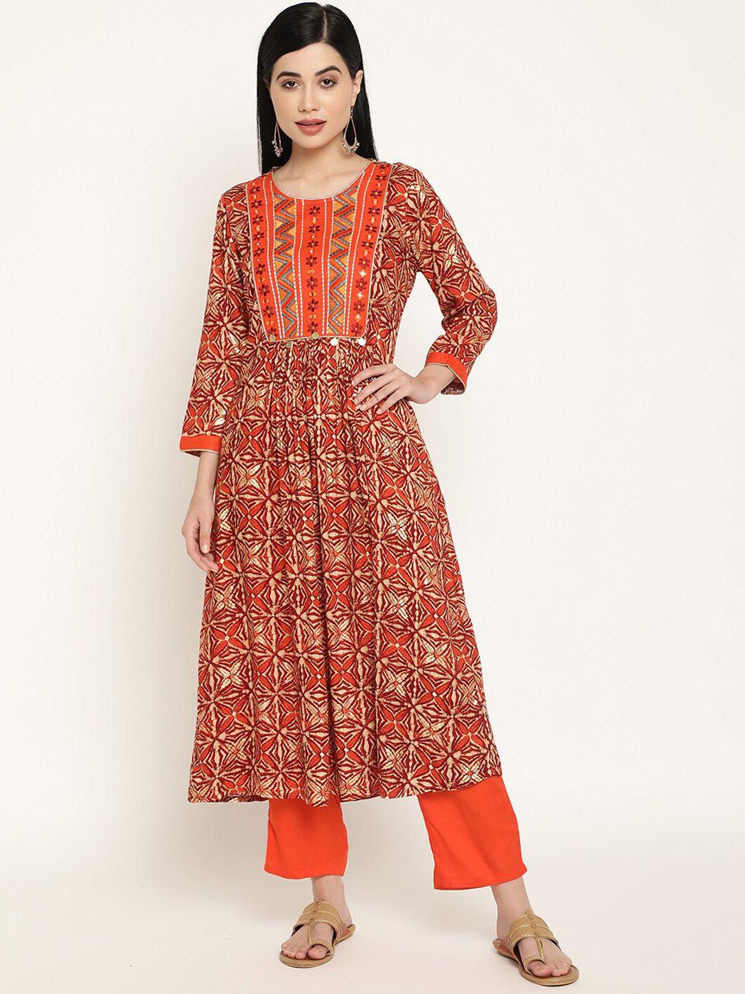 be indi women orange printed empire kurta with trousers