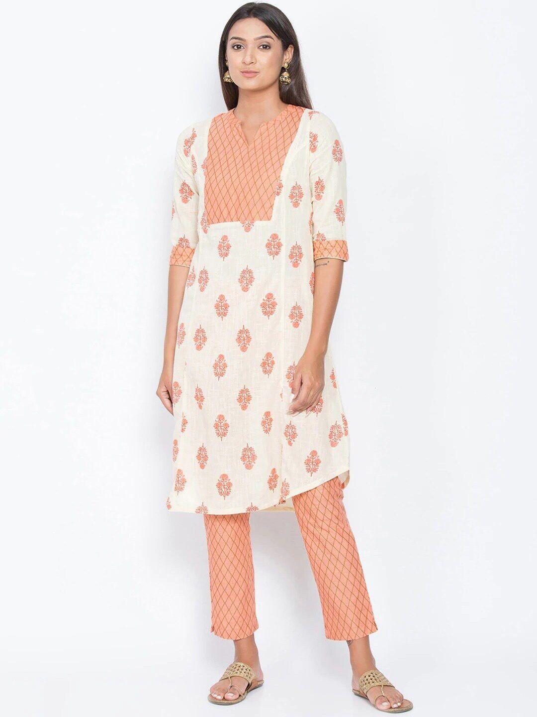 be indi women peach-coloured & beige floral printed pure cotton kurta with trousers