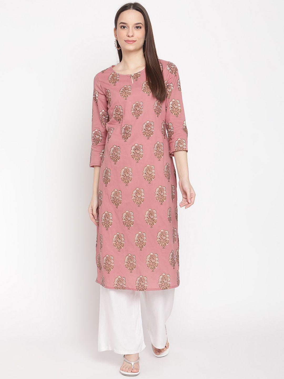 be indi women peach-coloured & green ethnic motifs printed keyhole neck kurta