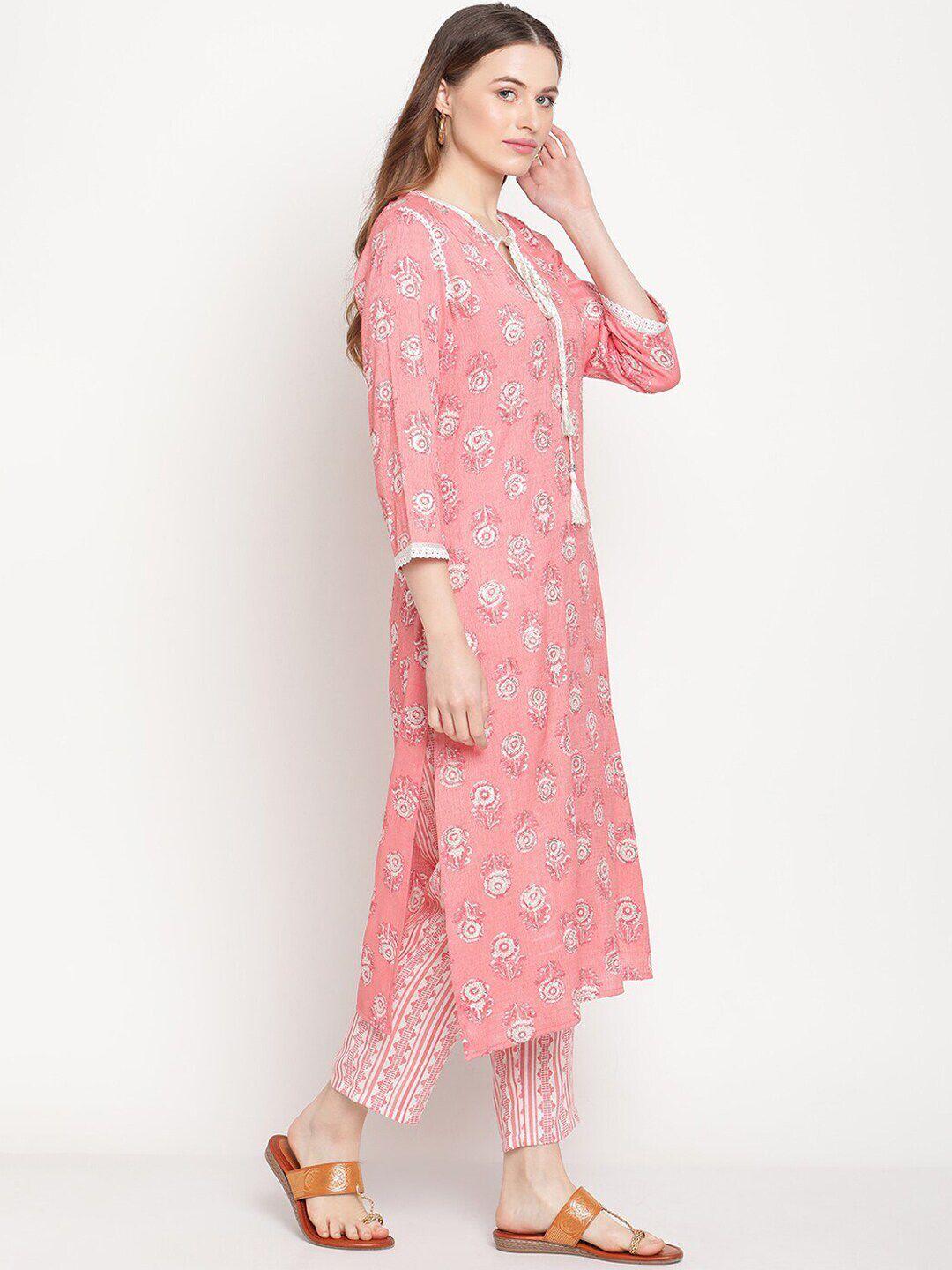 be indi women peach-coloured ethnic motifs printed kurta with trousers