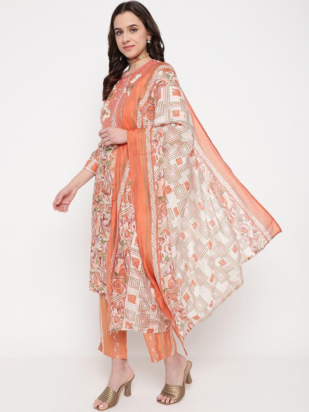 be indi women peach-coloured floral embroidered regular sequinned kurta with trousers & with dupatta
