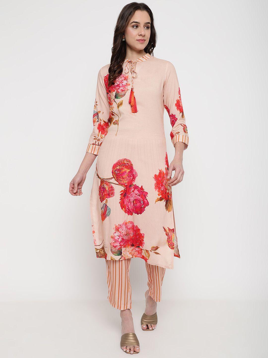 be indi women peach-coloured floral printed regular kurta with trousers