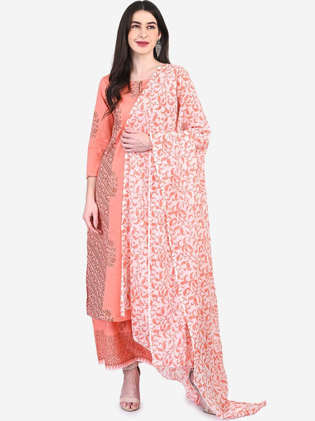 be indi women peach floral printed regular pure cotton kurta with palazzos & with dupatta