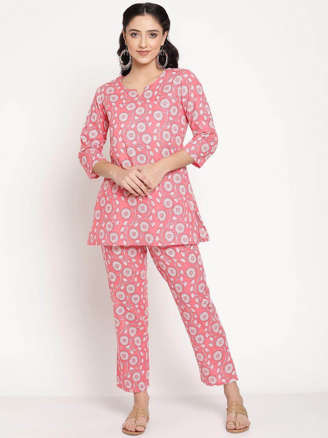 be indi women pink & white printed floral cotton night suit