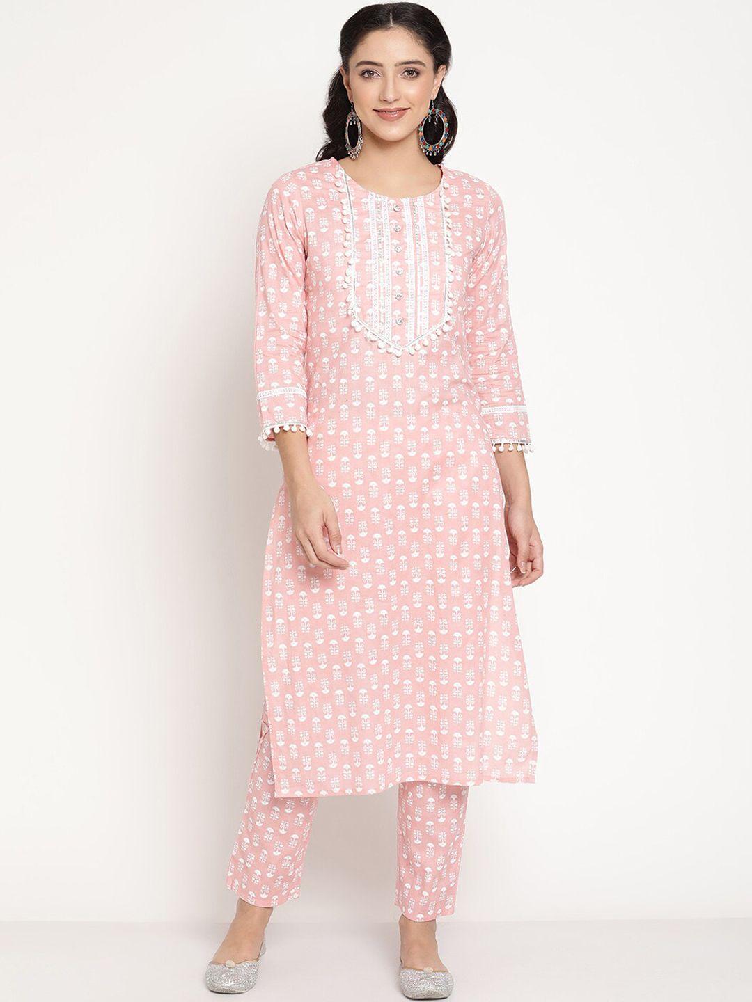 be indi women pink ethnic motifs printed pure cotton kurta with trousers