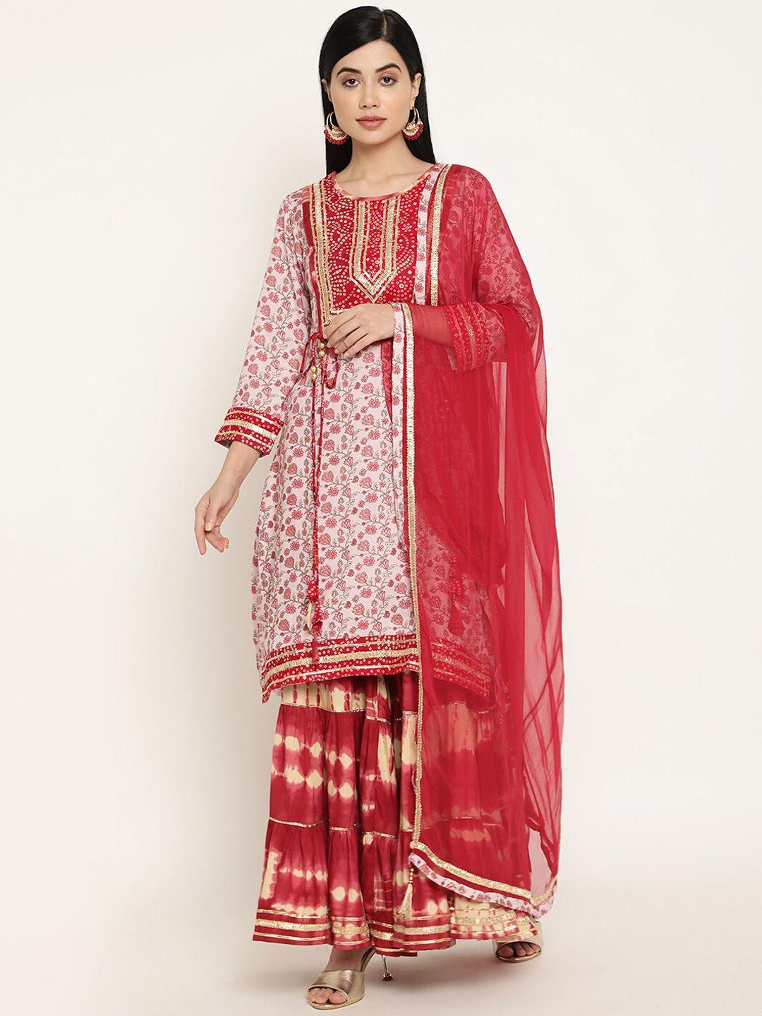 be indi women pink floral printed gotta patti kurta with sharara & with dupatta