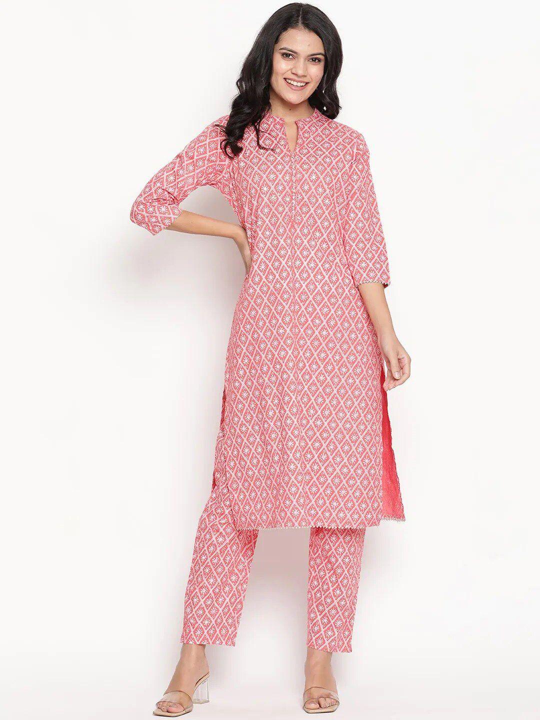 be indi women pink printed panelled pure cotton kurta with trousers