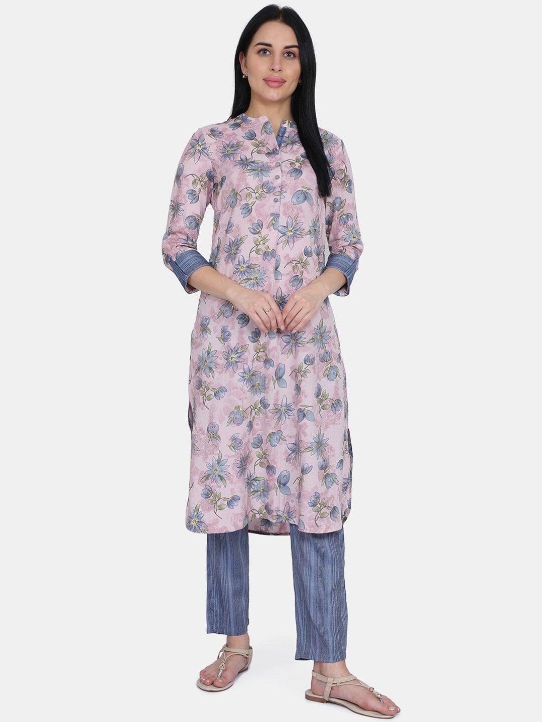 be indi women purple floral printed kurta with trousers