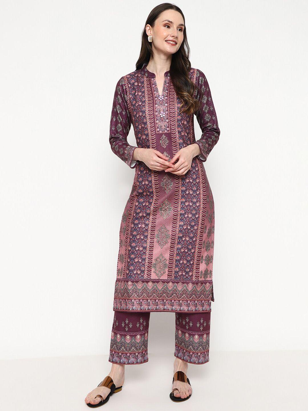 be indi women purple paisley printed regular thread work kurta with palazzos