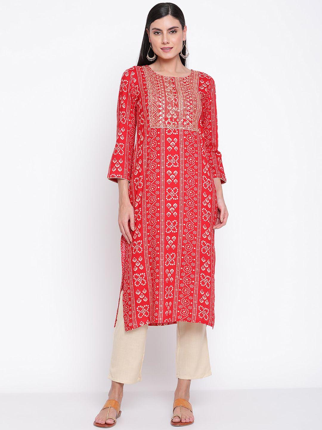 be indi women red ethnic motifs printed mirror work kurta