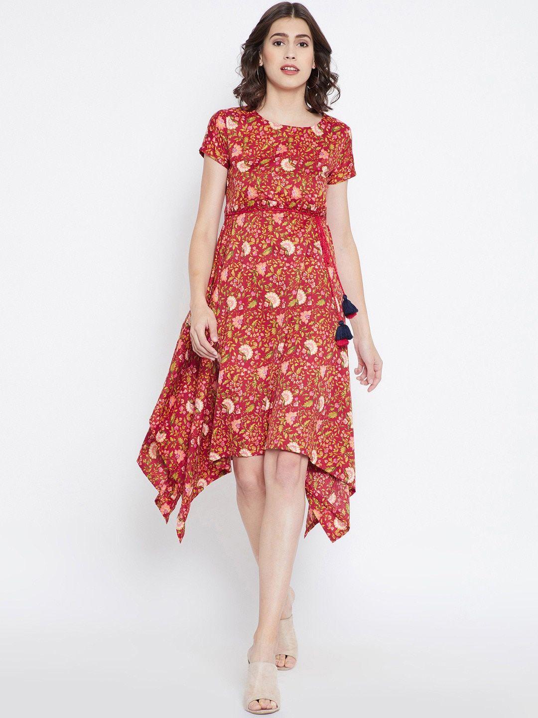 be indi women red floral printed fitted and flayred asymetric hem dress