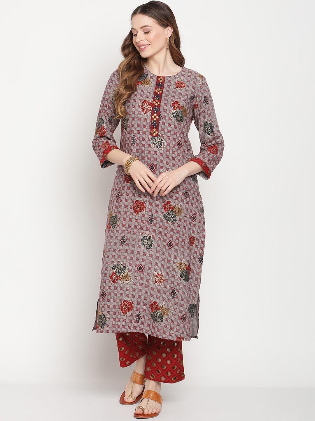 be indi women red floral printed mirror work kurti with palazzos