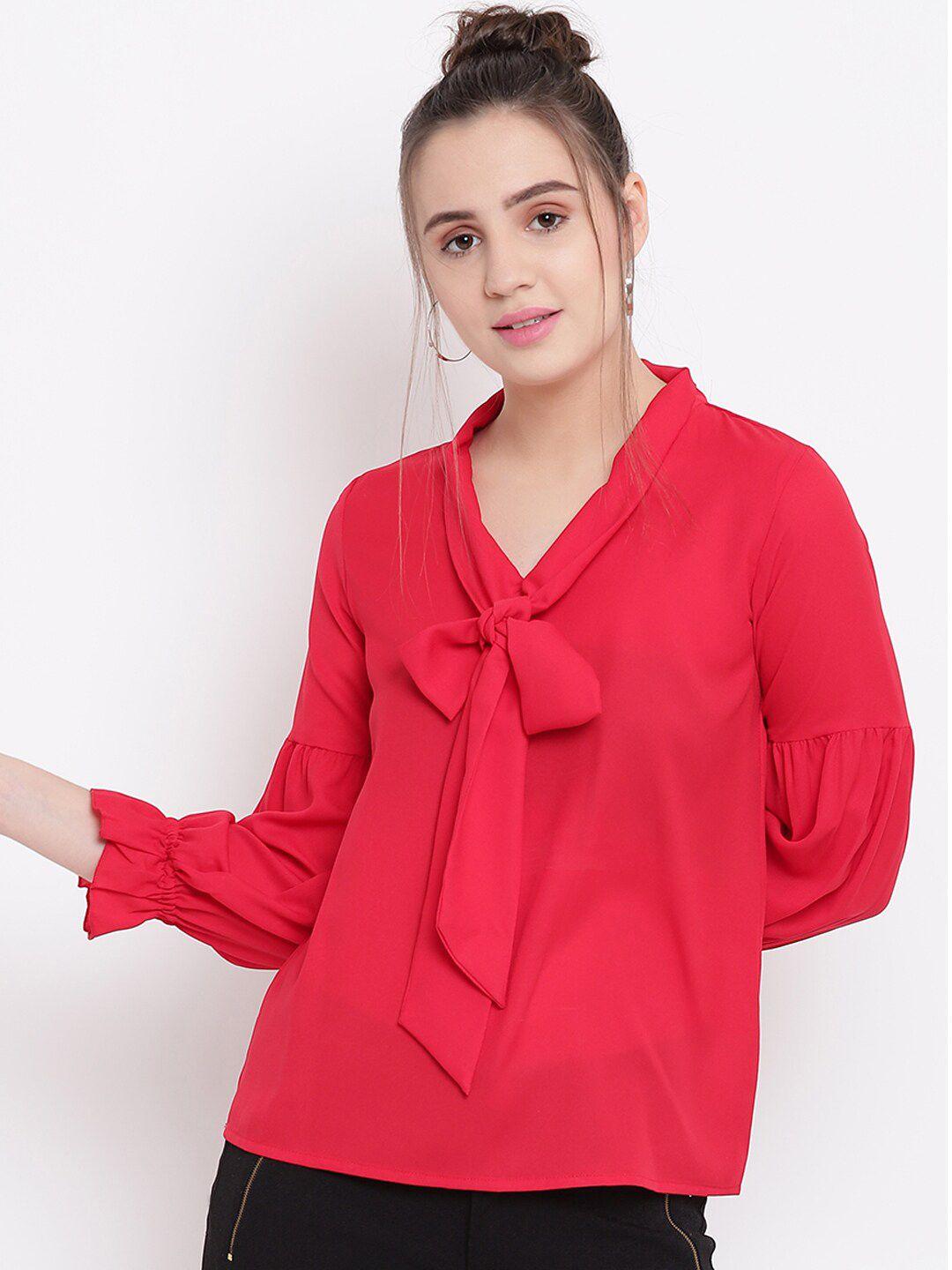 be indi women red tie-up neck crepe top