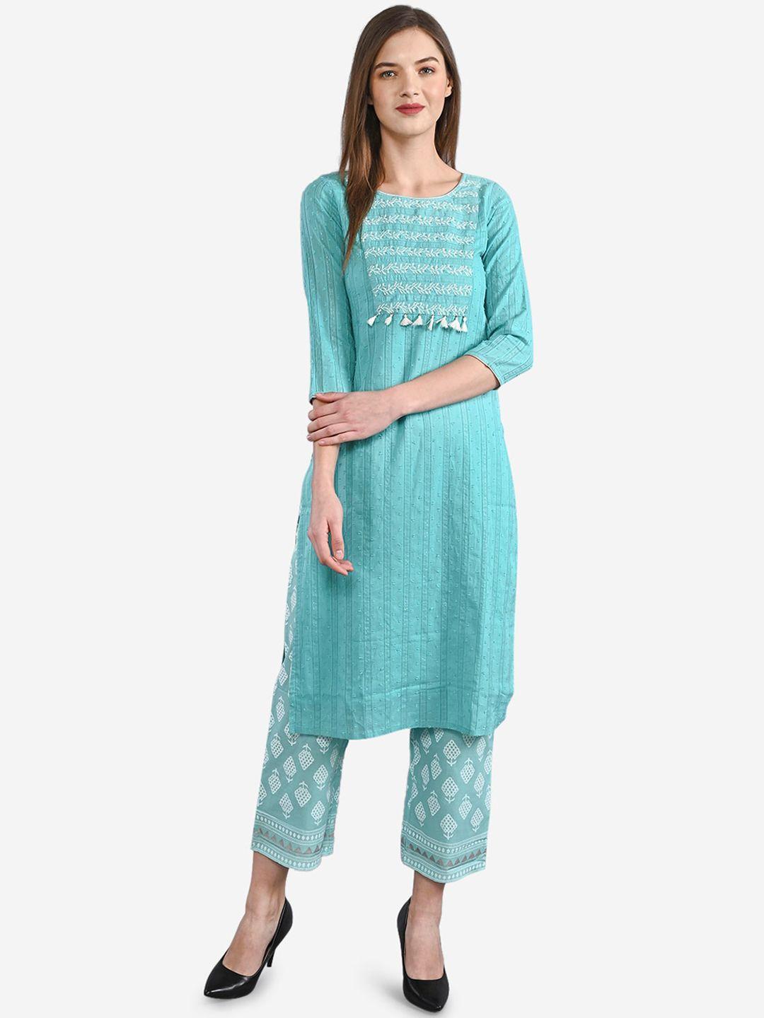 be indi women sea green ethnic motifs yoke design regular thread work pure cotton kurta with trousers