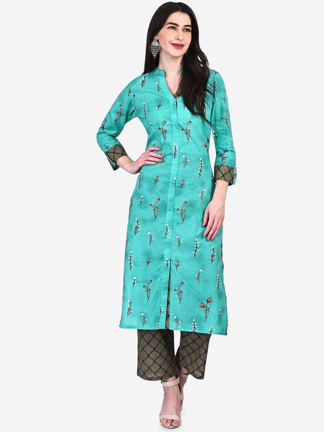 be indi women sea green printed kurta with trousers