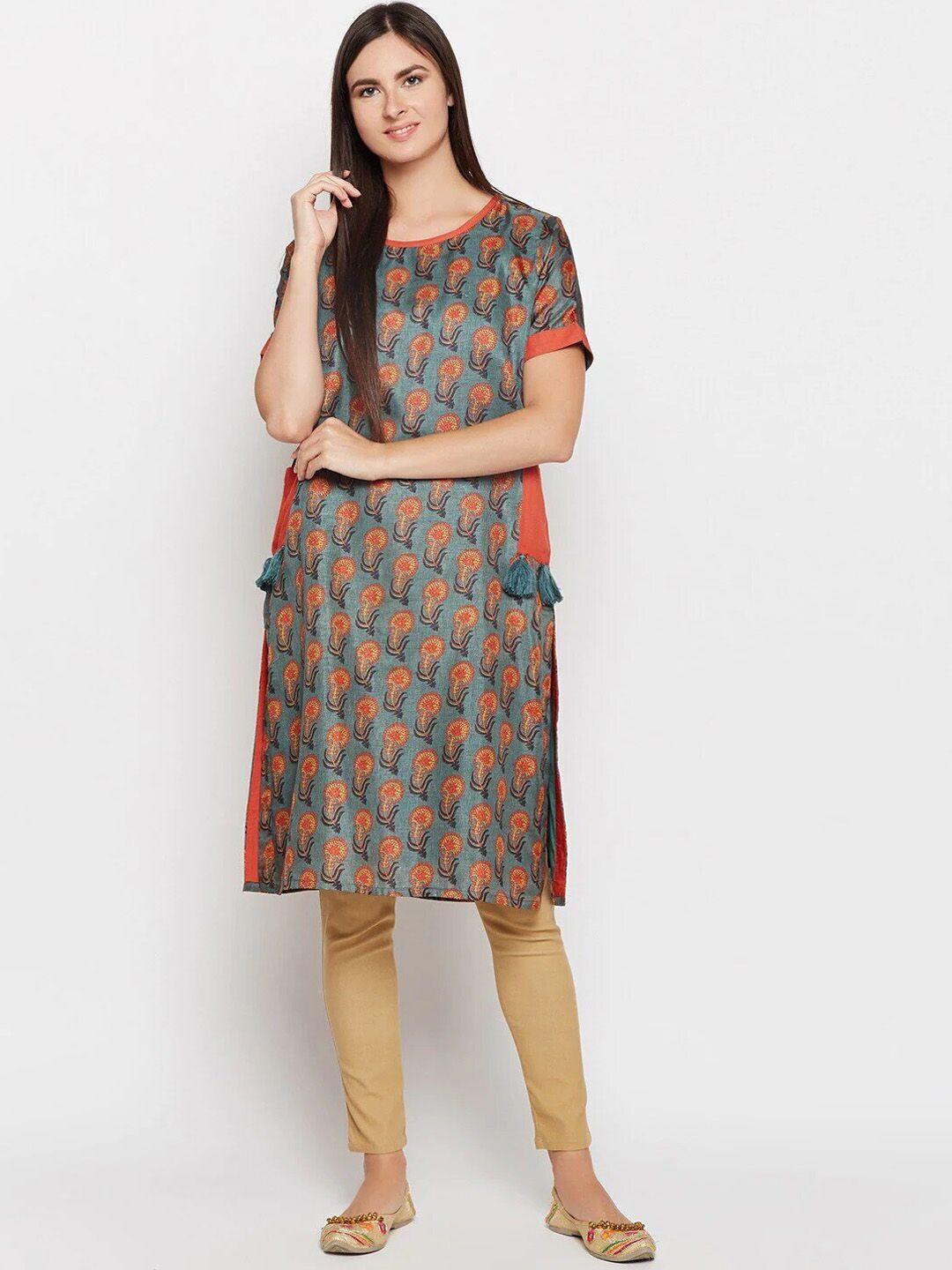 be indi women teal & orange floral printed straight  kurta