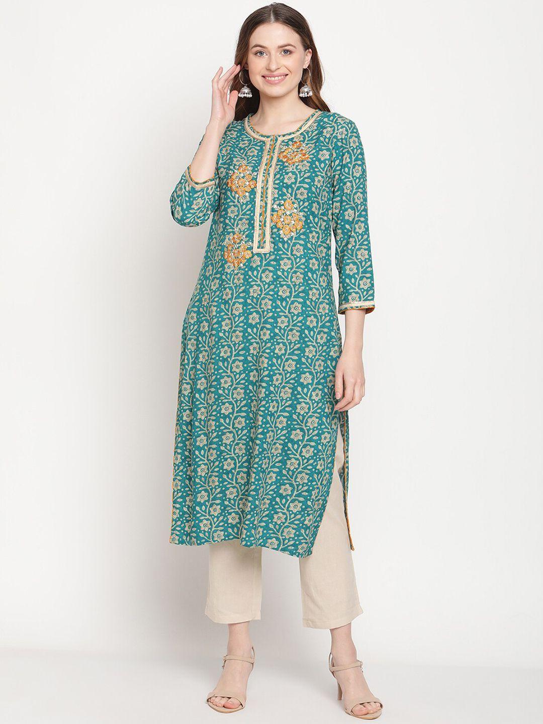 be indi women teal floral printed kurta